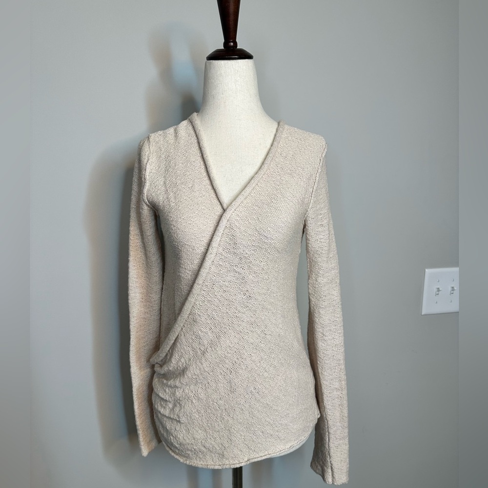 Sz XS Free People Gotham Faux Wrap Sweater Cream linen cotton blend sustainable